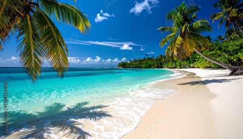 Fototapeta Naklejka Na Ścianę i Meble -  Turquoise ocean kisses white sand beach beneath palm trees under a clear blue sky, lush foliage in background