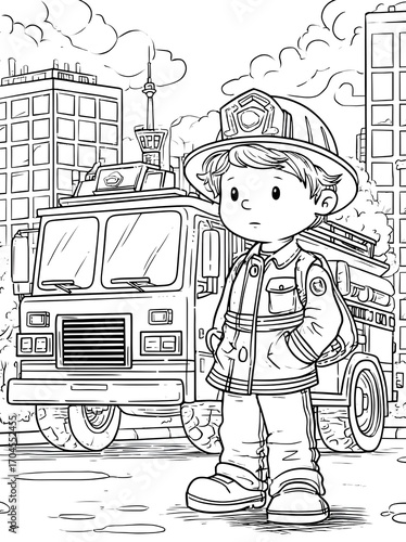 Boy dressed as firefighter coloring page