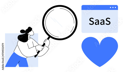 Woman holding magnifying glass examining SaaS webpage and heart icon. Ideal for SaaS, customer focus, analytics, engagement, user experience, tech services, simple landing page