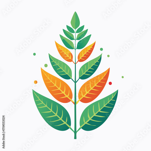 Gradient Green Orange And Yellow Leaves On Branch With Dots