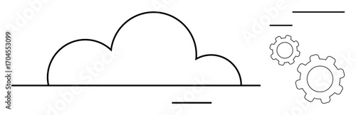 Cloud and gears in minimalist design connected by lines symbolizing data flow, process automation, and technology integration. Ideal for cloud services, automation, innovation, data analysis