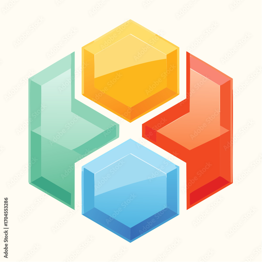 Obraz premium Four Interlocking Glossy Hexagonal Shapes In Green Blue Orange And Red