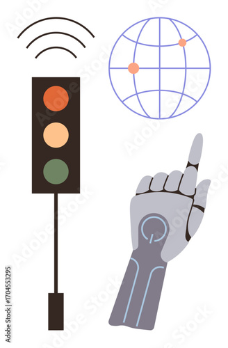 Robotic hand pointing toward a globe with connection points, traffic light emitting wireless signals. Ideal for technology, automation, AI, global communication, robotics, connectivity, innovation