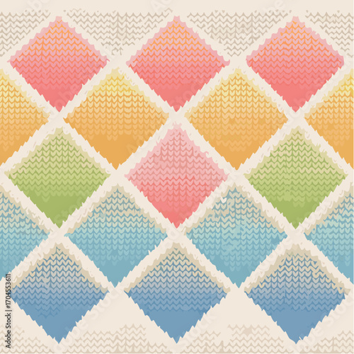 Colorful Diamond Knit Pattern With Pastel Gradient on Off White Background