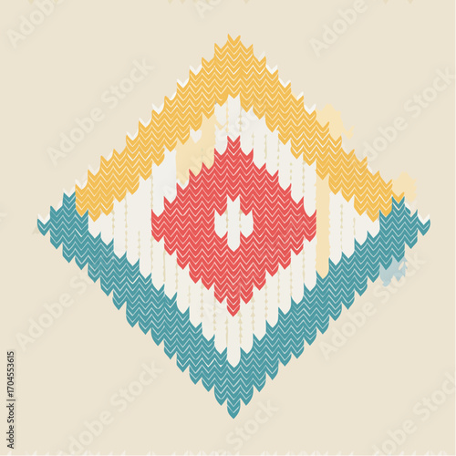 Diamond Knitted Pattern in Red Yellow Teal and Cream Colors
