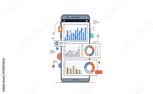 A smartphone displays charts and graphs illustrating data analysis, business statistics, and financial reports in a modern, colorful, and simplified vector illustration.