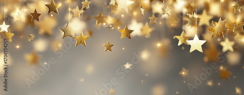 Golden stars suspended against a soft, gray-toned backdrop, shimmering with bokeh lights, creating a magical, celebratory atmosphere