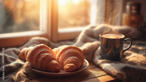 Cozy breakfast scene near window, croissants, coffee steam, warm golden sunlight, homely relaxed vibe