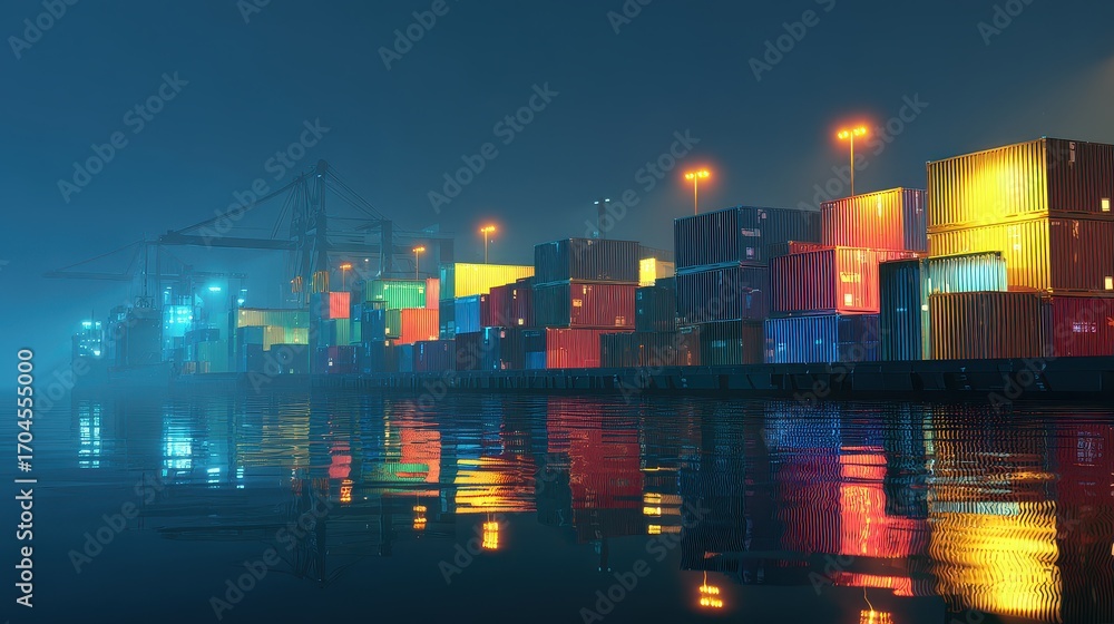 Fototapeta premium Night port scene, glowing lights reflecting on containers, 3D illustration.