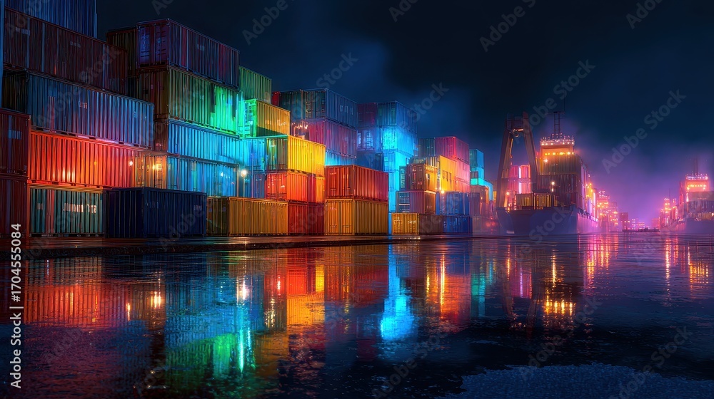 Fototapeta premium Night port scene, glowing lights reflecting on containers, 3D illustration. 
