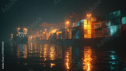 Fototapeta Naklejka Na Ścianę i Meble -  Night port scene, glowing lights reflecting on containers, 3D illustration. 