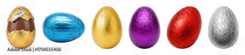 Chocolate Easter egg set including partially unwrapped, gold, blue, purple, red, and silver foil wrapped eggs isolated. Holiday treat and confectionery collection.