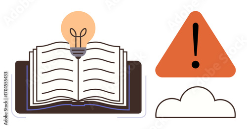 Open book with glowing lightbulb above symbolizing learning, ideas, and knowledge. Adjacent warning triangle conveys caution or importance. Ideal for education, caution, creativity, reading, warning