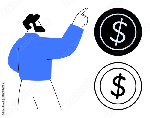 Man pointing at two dollar coins, one black and one white, symbolizing financial decisions and wealth. Ideal for finance, investment, savings, economy, budgeting, profit simple flat metaphor