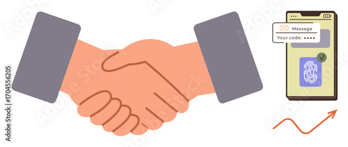 Handshake symbolizes collaboration, phone with fingerprint for security, upward graph for progress. Ideal for teamwork, trust, business, security, technology partnership growth. Clean flat metaphor