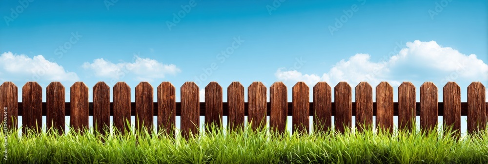 Obraz premium Wooden Fence Stands Tall Against a Bright Blue Sky With Fluffy Clouds and Lush Green Grass Under the Warm Sunlight in a Rural Setting