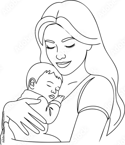 A beautiful line art vector illustration of a mother holding her sleeping newborn baby a minimalist black and white drawing symbolizing maternal love, care and the bond of motherhood