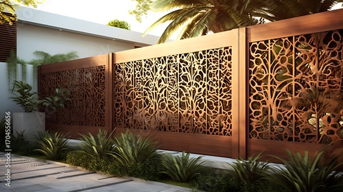 Elegant laser cut wooden privacy screen with a naturalistic organic design and modern landscape