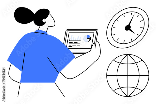 Woman reviewing data on tablet with graph, next to clock and globe. Ideal for analytics, time management, global business, productivity, remote work, planning, simple flat metaphor