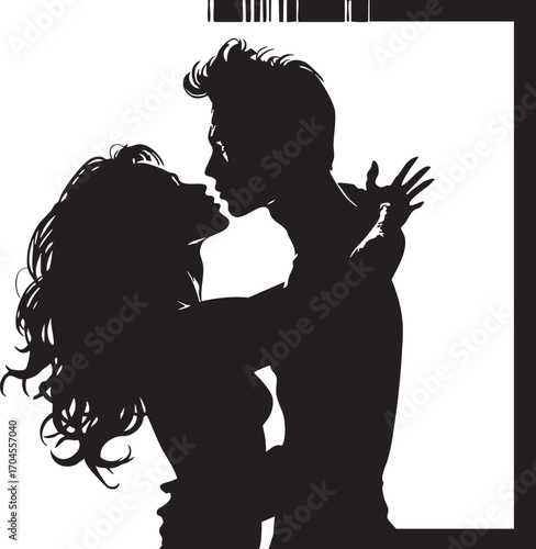 Silhouette of a couple embracing and about to kiss with a white background and dark shadows