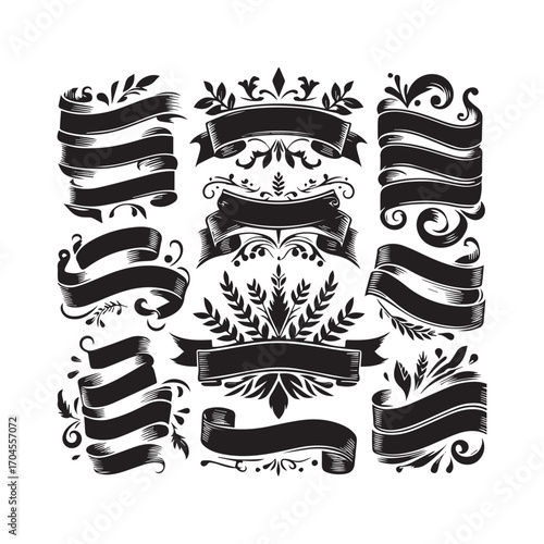 Collection of 12 Black Hand- Drawn Ribbons and Banners with Leafy Flourishes and Swirls on a White Background