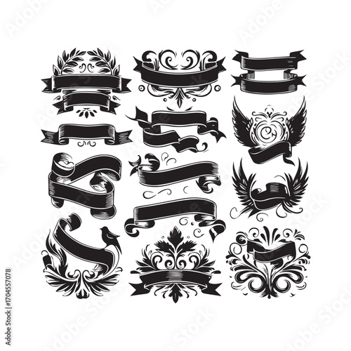 Collection of 12 black hand-drawn vintage banners and emblems with wings and ornate details on a white background