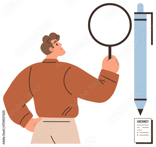 Person holding magnifying glass inspecting job vacancy notice beside a large pen. Ideal for job search, recruitment, career planning, employment analysis, professional growth, hiring process, simple