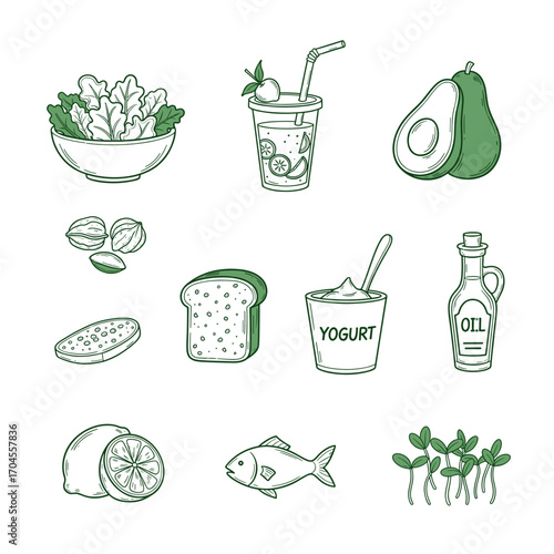 Set of  healthy food icons in hand drawn green doodle style. Vector illustration with salad bowl, smoothie cup, avocado, nuts, whole grain bread, yogurt, olive oil, lemon, fish, sprouts