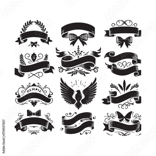 Collection of Hand Drawn Black Ribbons with Symbols Like Eagle and Butterfly on White Background Keywords: ribbon, banner, scroll, vintage, retro, hand drawn, sketch, illustration, decorative