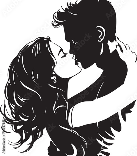 A black and white illustration of a couple embracing and kissing with flowing hair and dark shadows