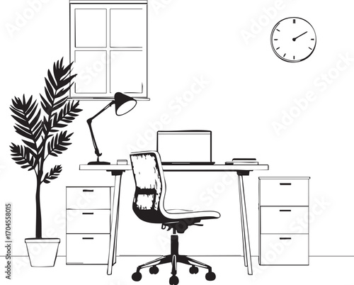 A black and white line drawing of a home office setup with desk chair and plant near a window