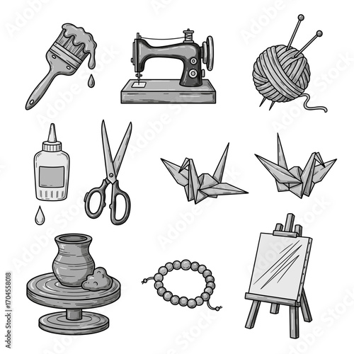 Set of  hobby icons in hand drawn doodle style. Vector illustration with paintbrush, sewing machine, yarn ball, knitting needles, scissors, glue, origami, pottery wheel, beads, easel