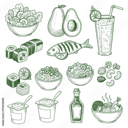 Set of  healthy food icons in hand drawn green doodle style. Vector illustration with salad bowl, avocado, smoothie, sushi roll, grilled fish, rice bowl, nuts, yogurt, olive oil bottle,
