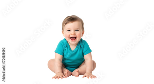 A joyful infant with a turquoise onesie sitting upright and smiling with an open mouth expression on transparent background