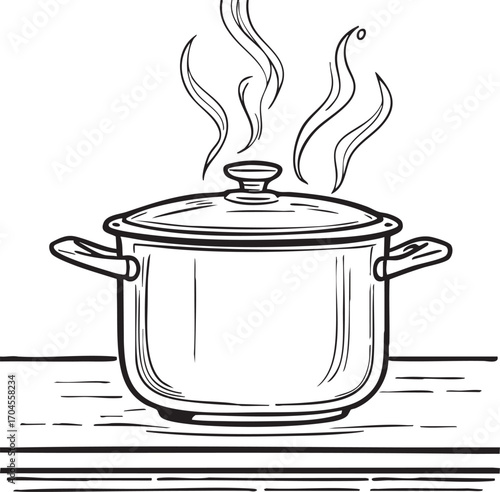 A black and white drawing of a covered pot with steam rising above it on a stovetop surface view