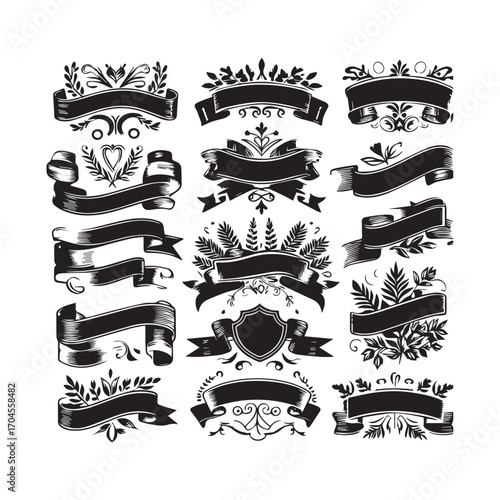 Ensemble of Black Ribbons and Banners Adorned with Floral and Laurel Wreaths on a White Background Keywords: ribbon, banner, decorative, floral, wreath, laurel, vintage, retro, graphic, design