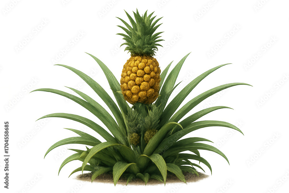 Fototapeta premium Ripe pineapple hanging from green leafy plant, isolated against clean white background, highlighting tropical fruit texture and color