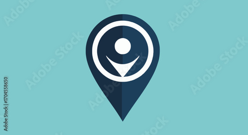 Conceptual graphic design of a location pin icon with a stylized human figure, symbolizing community, well-being, and finding a friendly place. Modern digital illustration