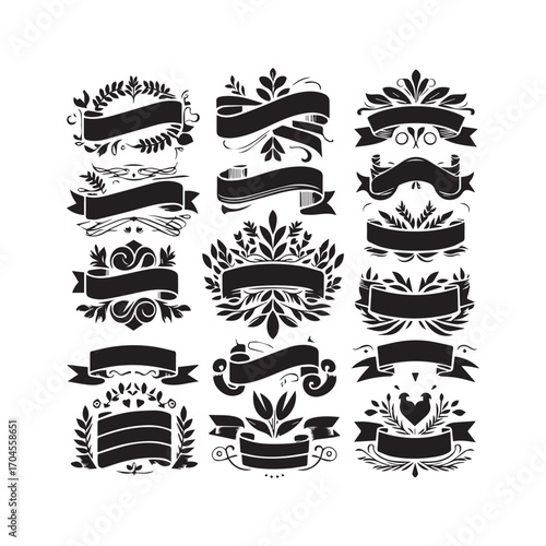 Group of 12 black hand-drawn decorative banners and frames with floral and leaf motifs on a white background