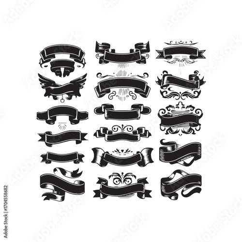 Group of 15 Black Hand Drawn Ribbon Banners and Decorative Ornaments on White Background vintage