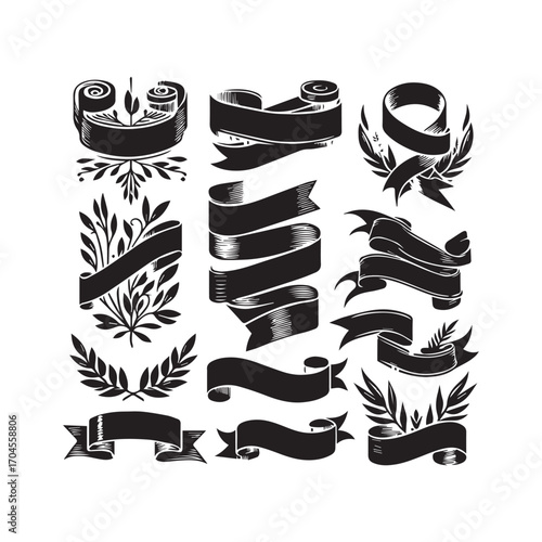 Group of black silhouette ribbon banners and laurel wreaths on a white background Keywords: banner, ribbon, laurel wreath, silhouette, black, white, isolated, collection, set, design, element