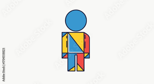 Modern abstract art concept of a human figure composed of colorful geometric shapes, a stylized representation of a person with a simple blue head