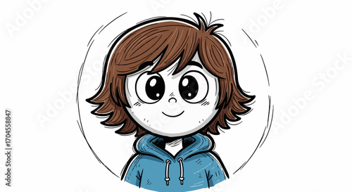 Hand-drawn portrait of a smiling cartoon character in a blue hoodie, a cute and friendly avatar illustration for a social media profile