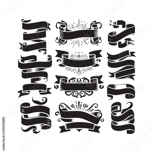 Group of Hand Drawn Black Ribbons with Sunbursts and Swirls on a White Background Keywords: ribbon, banner, sunburst, rays, swirl, flourish, vintage, retro, ornate, decorative, design element