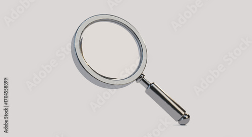 A realistic 3D render of a classic silver magnifying glass, a tool for inspection, research, and analysis, isolated on a simple background