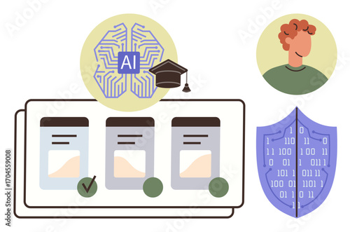 Artificial intelligence brain with circuits and graduation cap, secure data shield, user profile, and checklist. Ideal for AI, education, security, machine learning, innovation user experience