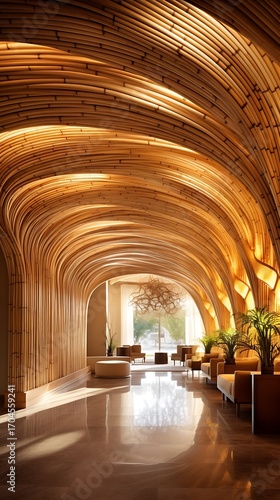 Serene bamboo architecture: A captivating view of the lobby with organic design elements