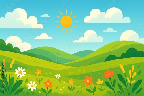 Vibrant summer landscape vector illustration with rolling hills and sunny meadow elements