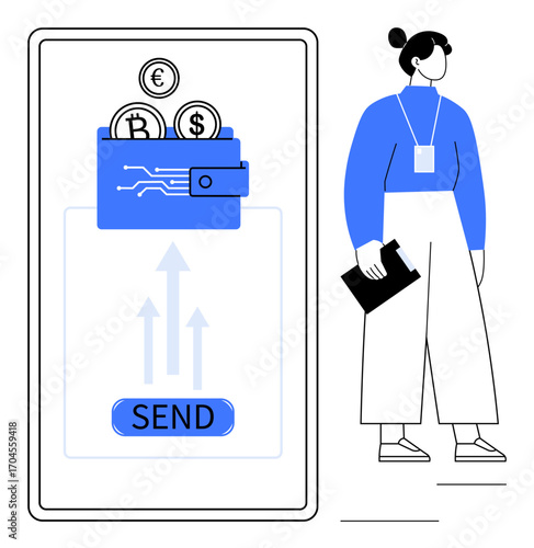 Digital wallet with euro, bitcoin, and dollar icons on smartphone screen professional woman holding clipboard. Ideal for finance, cryptocurrency, cashless solutions, mobile apps, fintech, digital