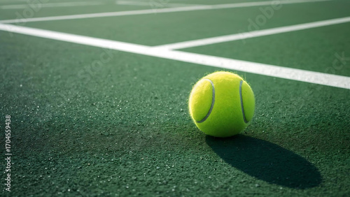 High-resolution photo illustration of a bright yellow tennis ball placed on a gree detailed tennis court surface